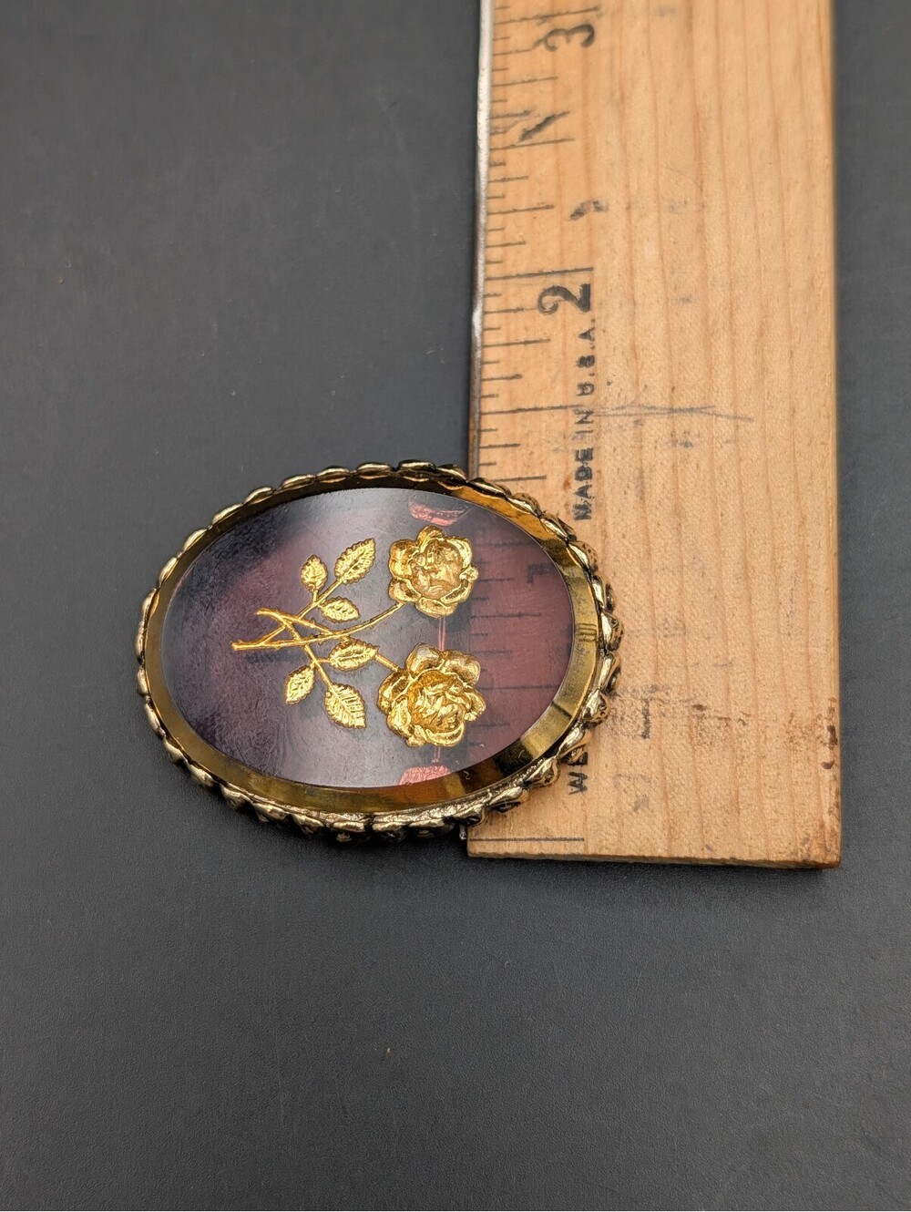 Vintage Whiting & Davis Carved Glass Rose Brooch Purple Amethyst Intaglio Pin UV - Picture 7 of 10
